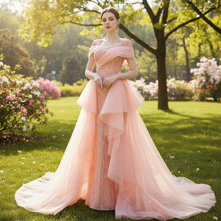 Pink Detachable Train Beading Mermaid Evening Gown See Through Party Dress
