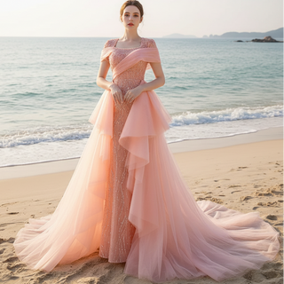 Pink Detachable Train Beading Mermaid Evening Gown See Through Party Dress