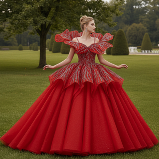 Elegant Luxury Convertible Glitter Red Unique Wedding Dresses Ball Gown