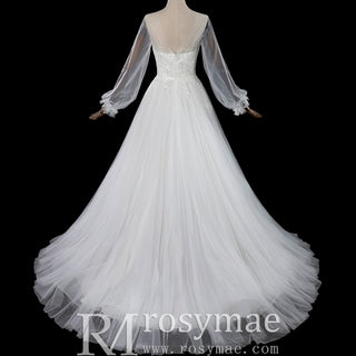 Ethereal A-Line Tulle Wedding Dress with Illusion Bateau Neckline & Bishop Sleeves