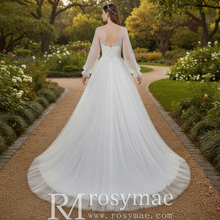 Ethereal A-Line Tulle Wedding Dress with Illusion Bateau Neckline & Bishop Sleeves