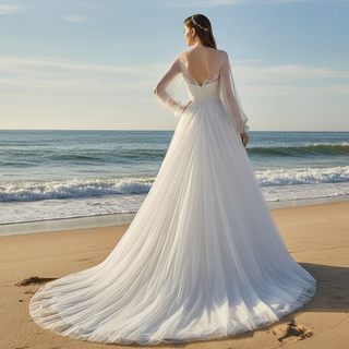 Ethereal A-Line Tulle Wedding Dress with Illusion Bateau Neckline & Bishop Sleeves