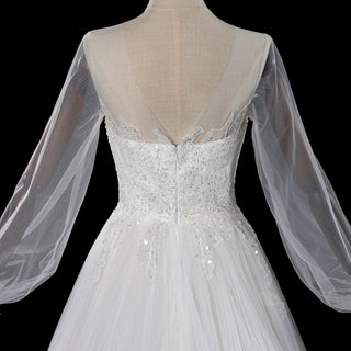 Ethereal A-Line Tulle Wedding Dress with Illusion Bateau Neckline & Bishop Sleeves