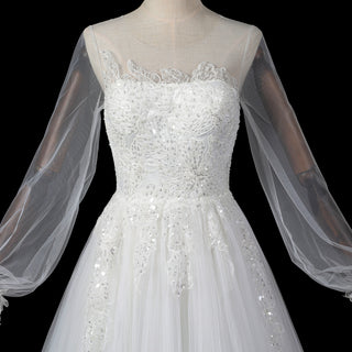 Ethereal A-Line Tulle Wedding Dress with Illusion Bateau Neckline & Bishop Sleeves