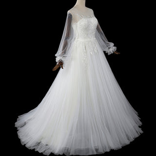 Ethereal A-Line Tulle Wedding Dress with Illusion Bateau Neckline & Bishop Sleeves