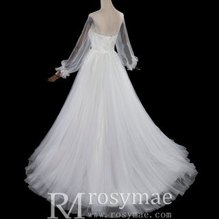 Ethereal A-Line Tulle Wedding Dress with Illusion Bateau Neckline & Bishop Sleeves