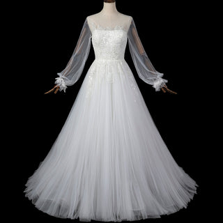 Ethereal A-Line Tulle Wedding Dress with Illusion Bateau Neckline & Bishop Sleeves