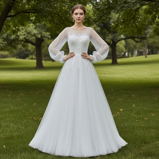 Ethereal A-Line Tulle Wedding Dress with Illusion Bateau Neckline & Bishop Sleeves
