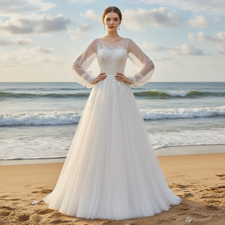 Ethereal A-Line Tulle Wedding Dress with Illusion Bateau Neckline & Bishop Sleeves