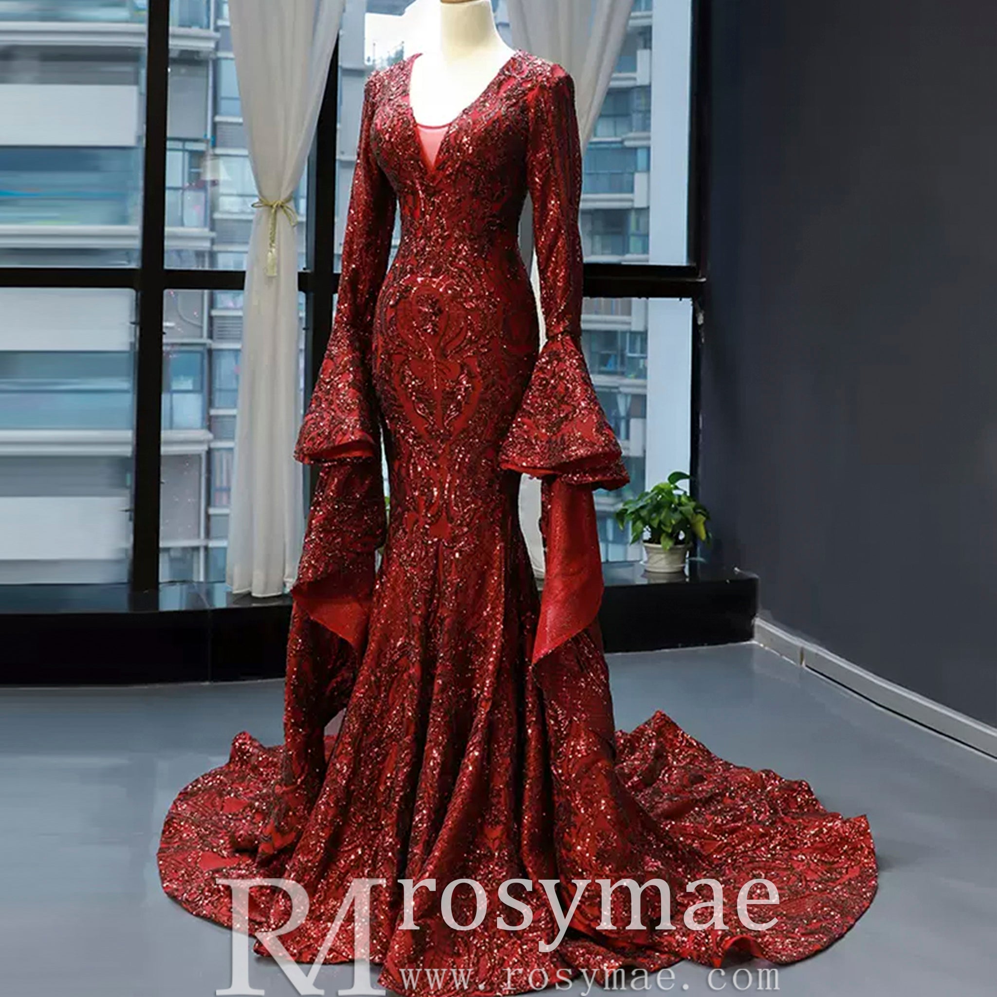 Vintage Burgundy Mermaid Pageant Dresses with Long Sleeves Burgundy / 16W Vintage Burgundy Mermaid Pageant Dresses with Long Sleeves Burgundy / 16W