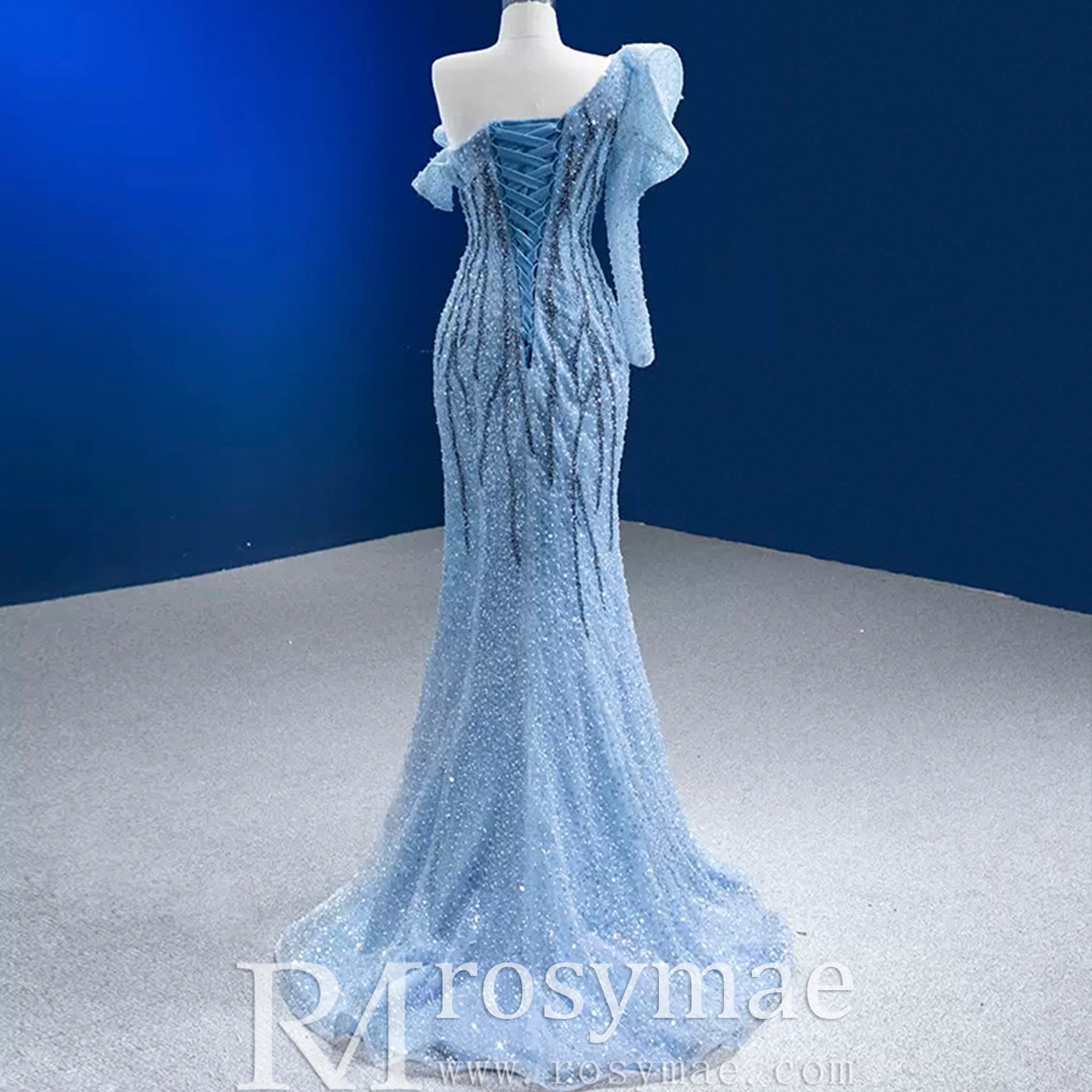 blue prom dress with sparkles Mermaid One Shoulder Blue Prom Dress Sparkly Sequins Pageant Gown Custom Colors / 6