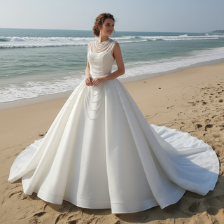 Vintage 1920 Curve Neckline Wedding Dress with Detachable Pearl Jacket