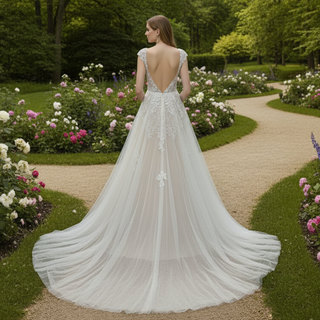 Elegant Low Open Back A-Line Wedding Dress with Deep Plunge V-Neck