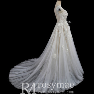 Elegant Low Open Back A-Line Wedding Dress with Deep Plunge V-Neck