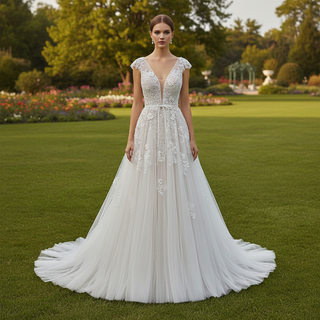 Elegant Low Open Back A-Line Wedding Dress with Deep Plunge V-Neck