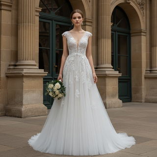 Elegant Low Open Back A-Line Wedding Dress with Deep Plunge V-Neck