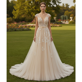 Elegant Low Open Back A-Line Wedding Dress with Deep Plunge V-Neck