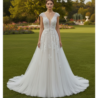 Elegant Low Open Back A-Line Wedding Dress with Deep Plunge V-Neck