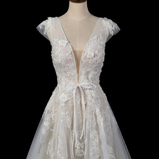 Elegant Low Open Back A-Line Wedding Dress with Deep Plunge V-Neck