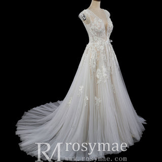 Elegant Low Open Back A-Line Wedding Dress with Deep Plunge V-Neck