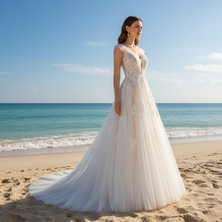 Elegant Low Open Back A-Line Wedding Dress with Deep Plunge V-Neck