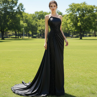 Elegant Black Evening Dress Satin Strapless Beading Pleated Prom Dresses
