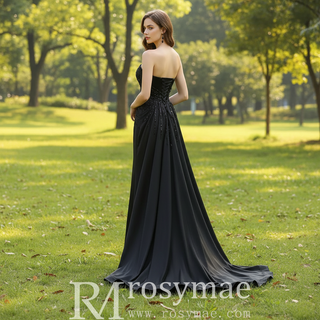 Elegant Black Evening Dress Satin Strapless Beading Pleated Prom Dresses