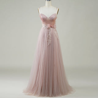 Blush Pink A-Line Tulle Prom Dress with Sweetheart & Leafy Sequined Appliqués