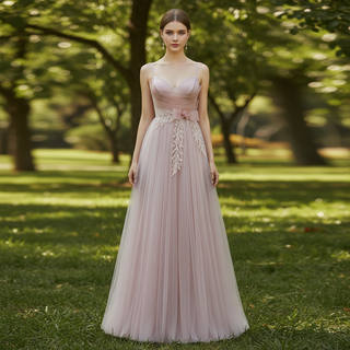 Blush Pink A-Line Tulle Prom Dress with Sweetheart & Leafy Sequined Appliqués