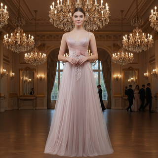 Blush Pink A-Line Tulle Prom Dress with Sweetheart & Leafy Sequined Appliqués