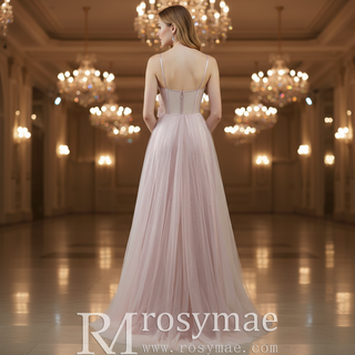 Blush Pink A-Line Tulle Prom Dress with Sweetheart & Leafy Sequined Appliqués