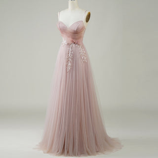 Blush Pink A-Line Tulle Prom Dress with Sweetheart & Leafy Sequined Appliqués