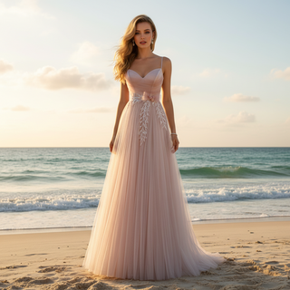 Blush Pink A-Line Tulle Prom Dress with Sweetheart & Leafy Sequined Appliqués