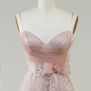 Blush Pink A-Line Tulle Prom Dress with Sweetheart & Leafy Sequined Appliqués