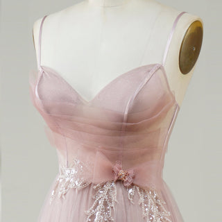 Blush Pink A-Line Tulle Prom Dress with Sweetheart & Leafy Sequined Appliqués