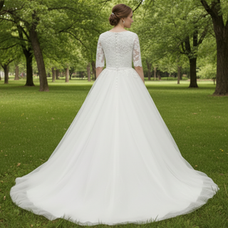 Vintage Half-Sleeve Scoop A Line Tulle Wedding Dress