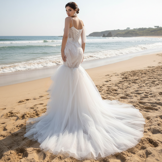 Mermaid Tulle Pleats Beading Wedding Dress with Spaghetti Strap