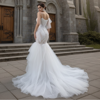 Mermaid Tulle Pleats Beading Wedding Dress with Spaghetti Strap