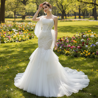 Mermaid Tulle Pleats Beading Wedding Dress with Spaghetti Strap