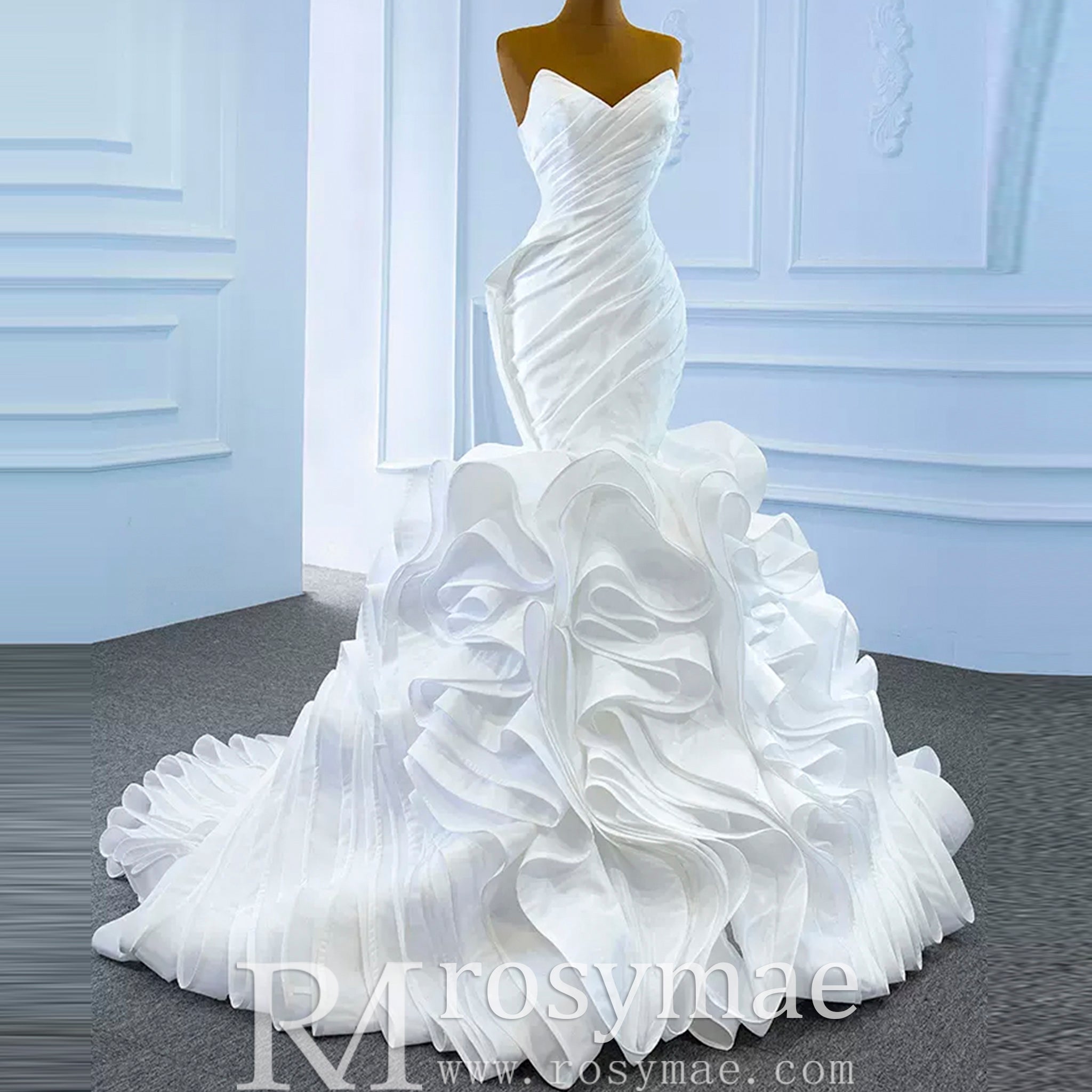 Ruched Strapless Vneck Mermaid Wedding Dress with Ruffle Skirt Ivory / 16W Ruched Strapless Vneck Mermaid Wedding Dress with Ruffle Skirt Ivory / 16W