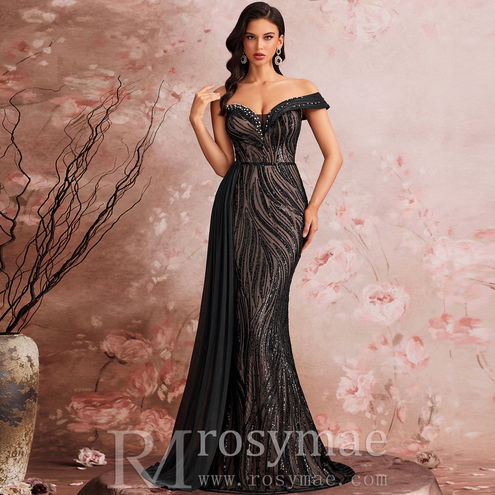 Elegant Black One Shoulder Evening Dress Luxury Party Gowns Black / 1XL Elegant Black One Shoulder Evening Dress Luxury Party Gowns Black / 1XL
