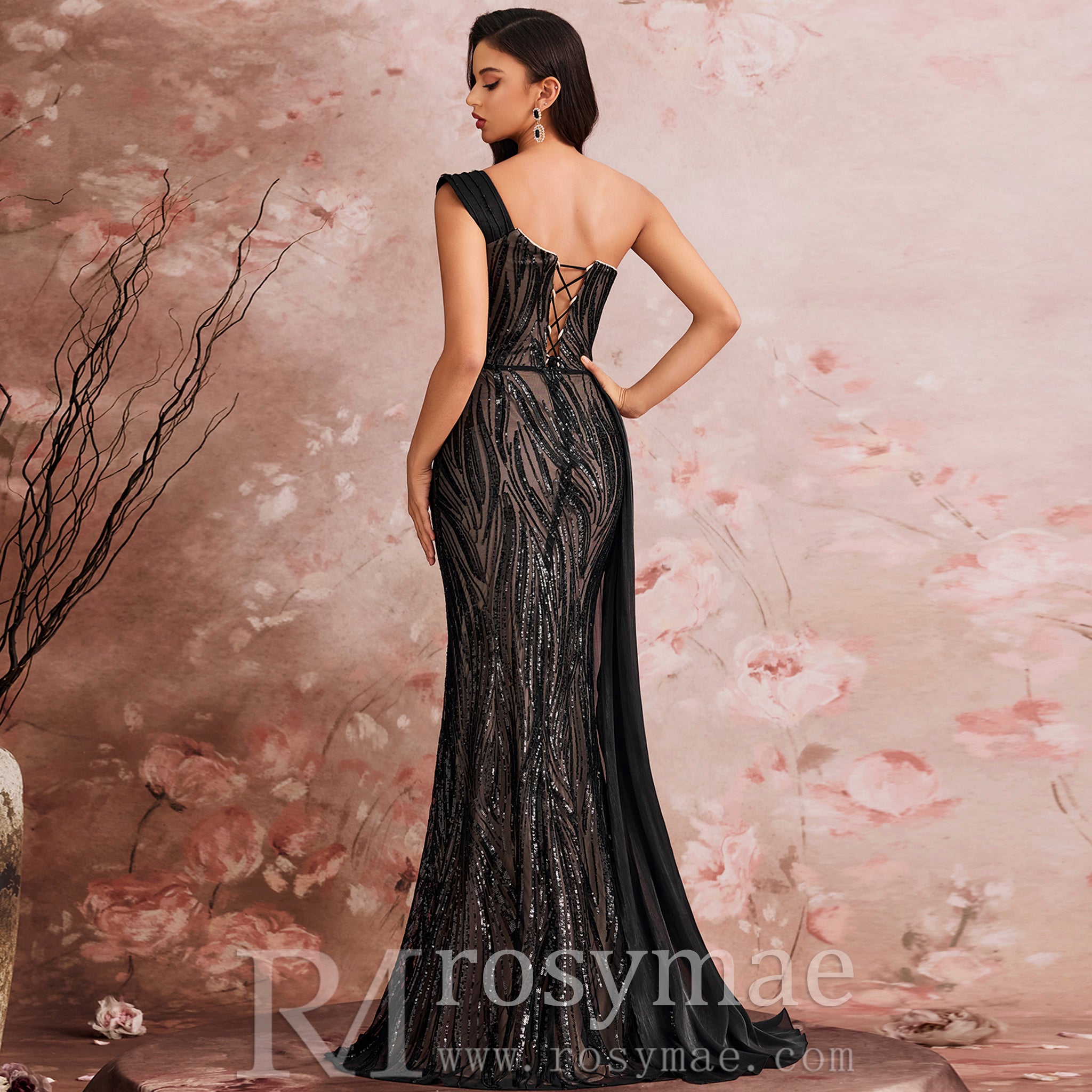 Elegant Black One Shoulder Evening Dress Luxury Party Gowns Black / 1XL Elegant Black One Shoulder Evening Dress Luxury Party Gowns Black / 1XL