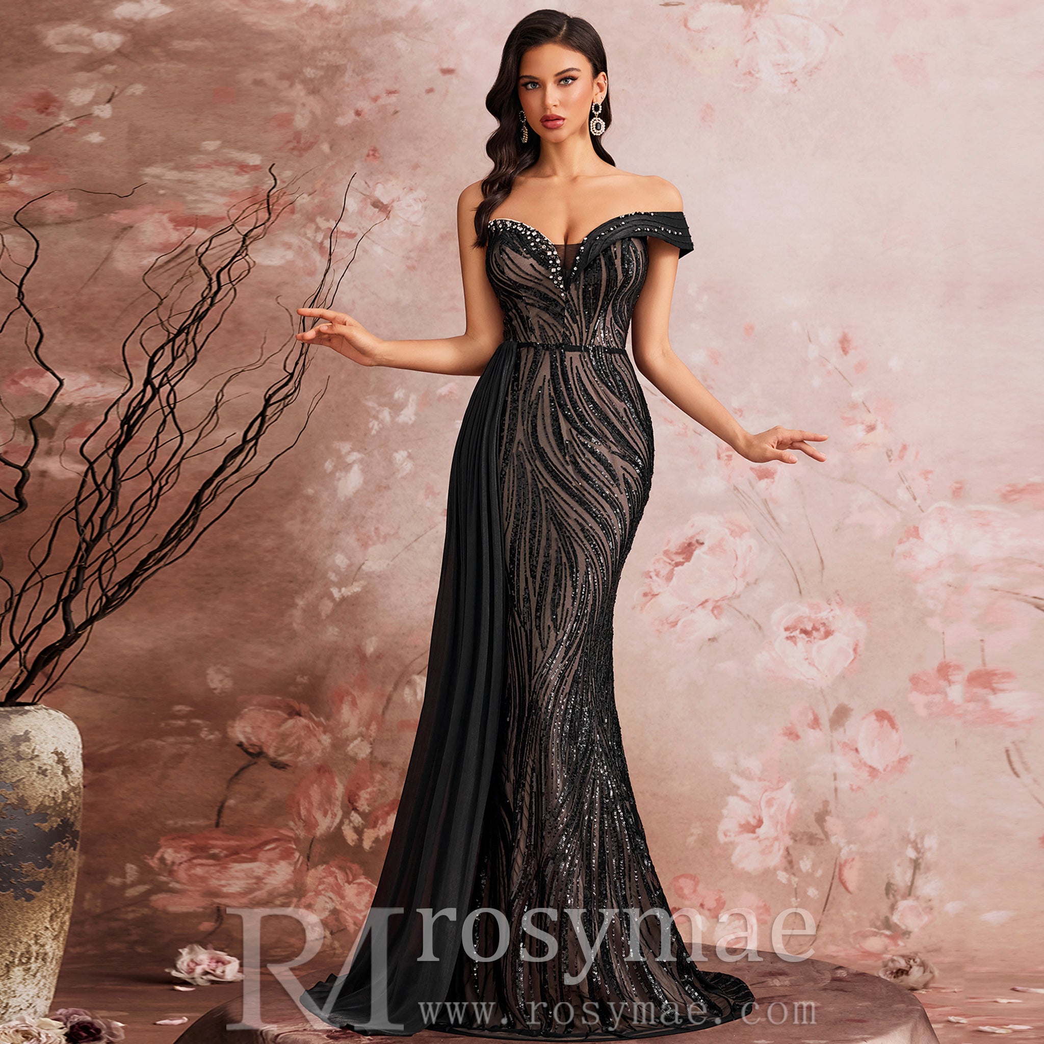 Elegant Black One Shoulder Evening Dress Luxury Party Gowns Black / 1XL Elegant Black One Shoulder Evening Dress Luxury Party Gowns Black / 1XL