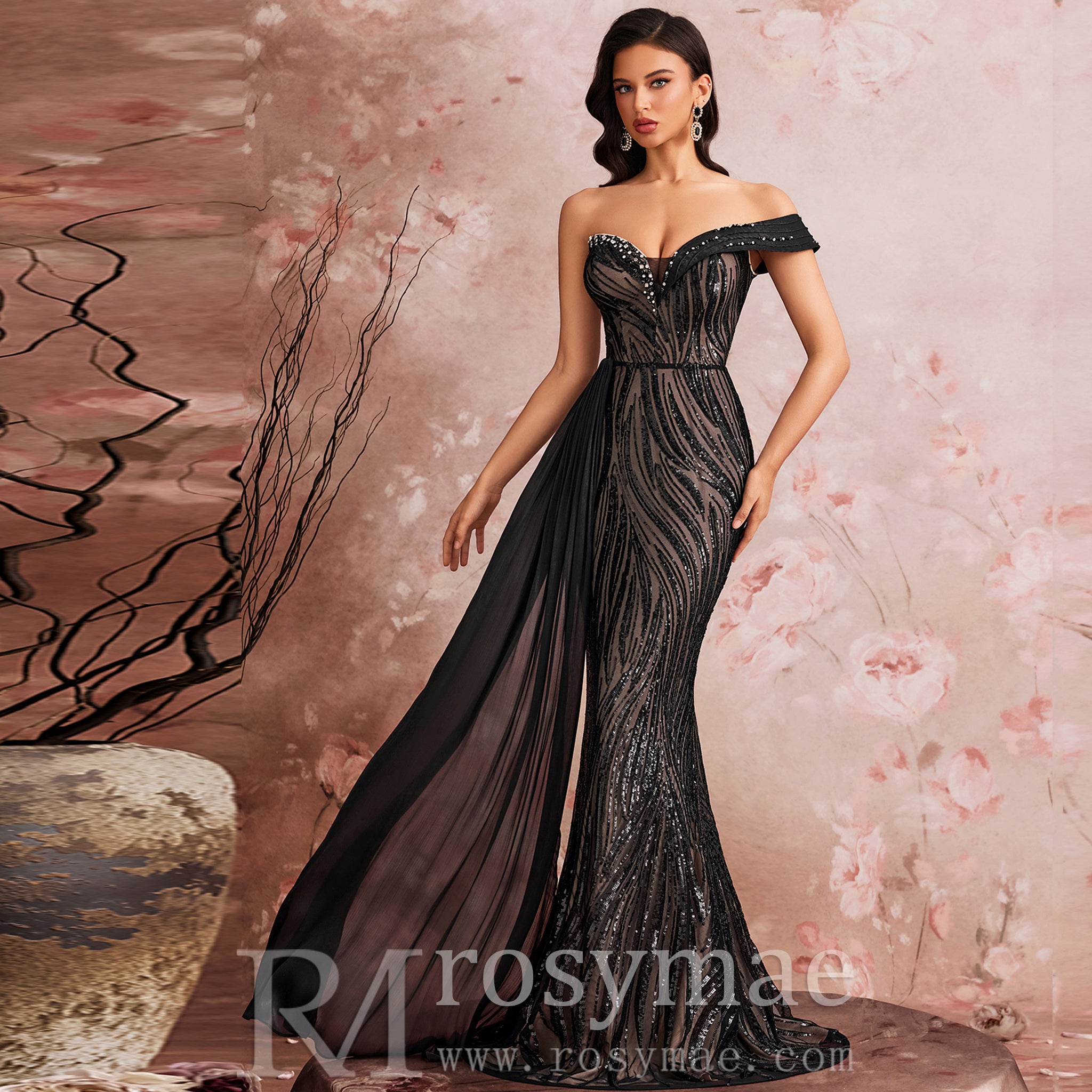Elegant Black One Shoulder Evening Dress Luxury Party Gowns Black / 1XL Elegant Black One Shoulder Evening Dress Luxury Party Gowns Black / 1XL