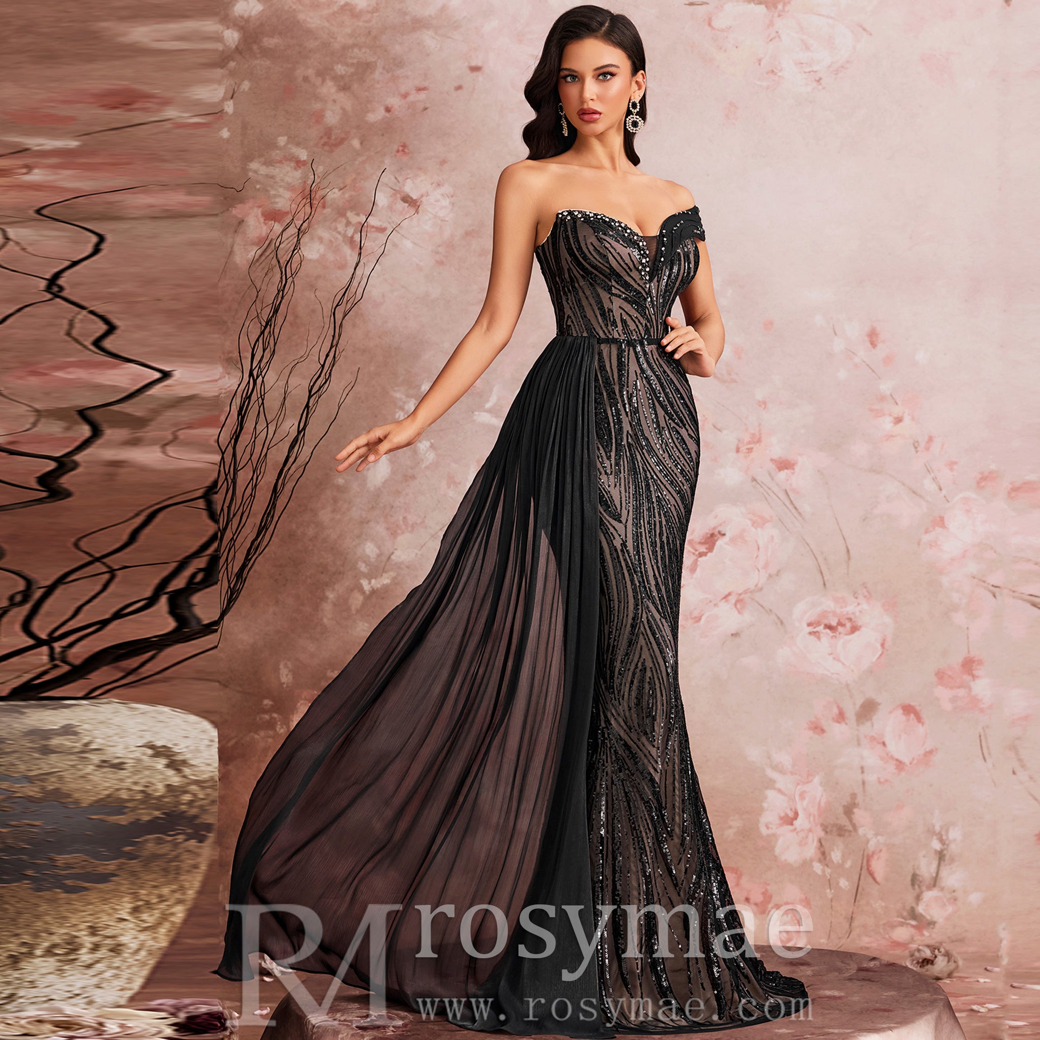 Elegant Black One Shoulder Evening Dress Luxury Party Gowns Black / 1XL Elegant Black One Shoulder Evening Dress Luxury Party Gowns Black / 1XL