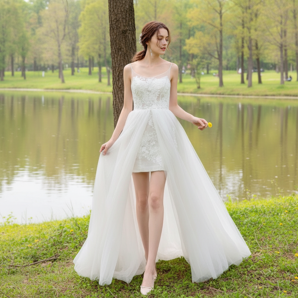 Elegant A-line Fitted Short Wedding Dresses with Detachable Overskirt Ivory / 22W Elegant A-line Fitted Short Wedding Dresses with Detachable Overskirt Ivory / 22W