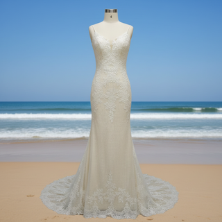 Elegant V-neck Mermaid Lace Spaghetti Straps Dress with Open Back