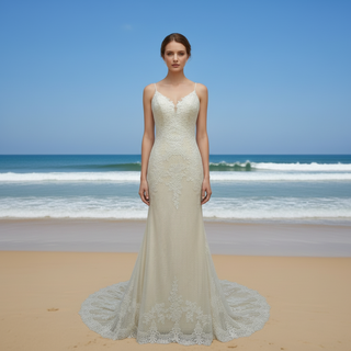 Elegant V-neck Beach Mermaid Wedding Dress with Open Back