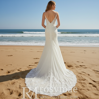 Elegant V-neck Mermaid Lace Spaghetti Straps Dress with Open Back