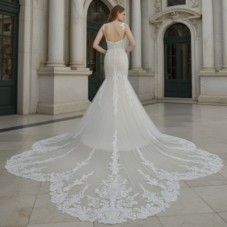 Spaghetti Straps Mermaid Lace Wedding Dresses with Long Train
